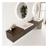 Mondiaz Bukla 280cm badmeubel met module 60 rechts dark brown 4 lades met wastafel dubbel zonder kraangat kleur talc