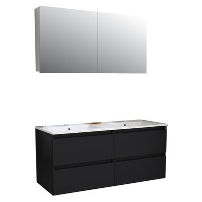 Badkamermeubel BWS Pepper Wastafel Porselein 2 Kraangaten Spiegelkast 120x55x46 cm Mat Zwart