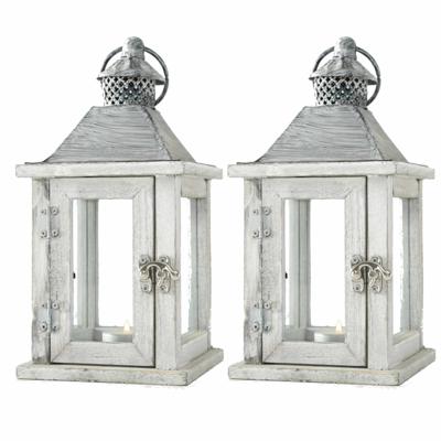 Houten Lantaarn - 2x - windlicht kaarsenhouders - wit - 13 x 25 cm