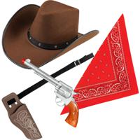 Carnaval verkleeds set cowboyhoed Billy - bruin - rode hals zakdoek - holster met revolver - thumbnail