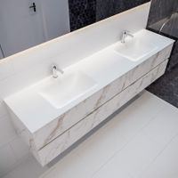 Mondiaz Vica Cloud badmeubel wit carrara mat 200 cm 4 lades solid surface dubbele spoelbak 2 kraangaten Mondiaz Vica Cloud badmeubel wit carrara mat 200 cm 4 lades solid surface dubbele spoelbak 2 kraangaten