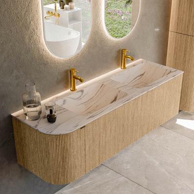 Badmeubel Mondiaz Kurve-Dlux | 145 cm | Meubelkleur Oak | Wastafelkleur Nata | Solid surface | Dubbel / Rechts spoelbak | 2 kraangaten