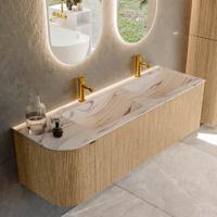 Badmeubel Mondiaz Kurve-Dlux | 145 cm | Meubelkleur Oak | Wastafelkleur Nata | Solid surface | Dubbel / Rechts spoelbak | 2 kraangaten