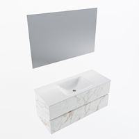 MONDIAZ VICA 110cm badmeubel onderkast Carrara 2 lades. Wastafel CLOUD midden zonder kraangat, kleur Talc met spiegel LED.