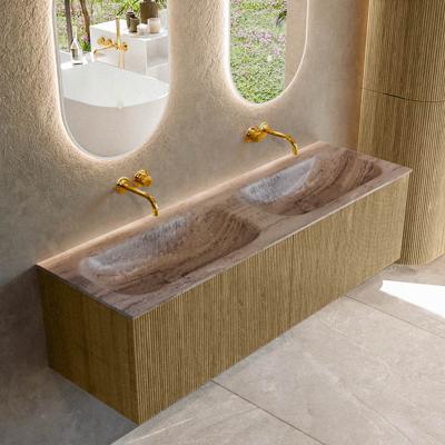 Badmeubel Mondiaz Kurve-Dlux | 150 cm | Meubelkleur Dusk | Wastafelkleur Oza | Solid surface | Wasbak beide zijden spoelbak | Zonder kraangat(en)