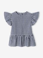 Geruite meisjesblouse met ruches marineblauw, geruit - thumbnail