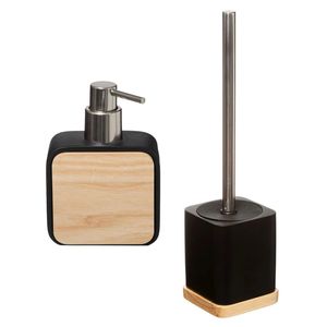 Badkamer/toilet accessoires set - WC-borstel in houder en zeeppompje - zwart - bamboe - 200 ml