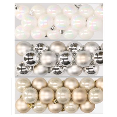 48x stuks kunststof kerstballen mix van parelmoer wit, zilver en champagne 4 cm