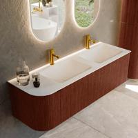 Badmeubel Mondiaz Kurve | 145 cm cm | Meubelkleur Ruby | Wastafelkleur Talc | Solid surface | Dubbel / Rechts spoelbak | 2 kraangaten
