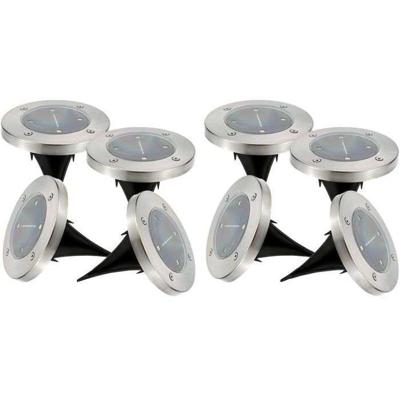 Set van 8 ronde RVS solarspots voor inbouw of inbouw - LUMISKY - DECKY - Koud witte LED - Ø12 cm