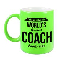 Worlds Greatest Coach cadeau koffiemok/theebeker neon groen 330 ml - thumbnail