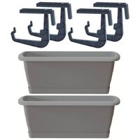 2x Lichtgrijze balkon reling bakken/bloempotten 59 cm met 4x ophangbeugels - Plantenbakken - thumbnail