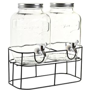 Drank dispensers - set van 2x stuks - 4 liter - glas - in houder met metalen kraantje