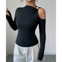 Bon&Bon Women's Off Shoulder Cut Out Long Sleeve Shirt - Black Polyester S(36)