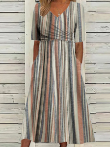 V Neck Loose Cotton Casual Dress With No