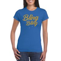 Glitter glamour feest t-shirt dames - bling bling goud - blauw - feestkleding