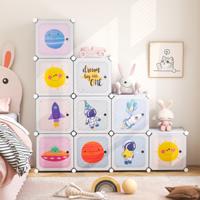 Kinderkast met 2 Hangsecties en 12 Vakken Schattige Cartoon Commode Wit