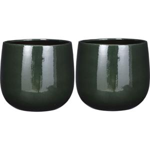 2x Stuks Plantenpot/bloempot keramiek donkergroen speels licht gevlekt patroon - D26/H24 cm