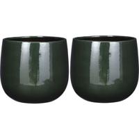 2x Stuks Plantenpot/bloempot keramiek donkergroen speels licht gevlekt patroon - D26/H24 cm