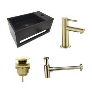 Fonteinset BWS Solid Surface met Handdoekhouder Rechts Mat Zwart / Goud (inclusief kraan, afvoer en sifon)