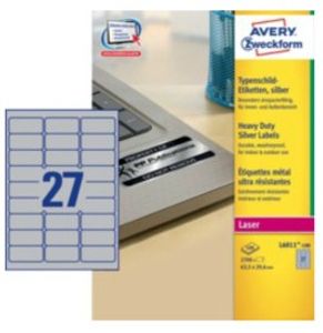 Avery-Zweckform L6011-100 Etiketten voor typeplaatjes 63.5 x 29.6 mm Polyester folie Zilver 2700 stuk(s) Permanent hechtend Laser (zwart/wit), Kopiëren