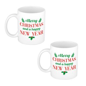 4x stuks Merry Christmas and Happy New Year cadeau kerstmok / kerstbeker wit 300 ml - Bekers