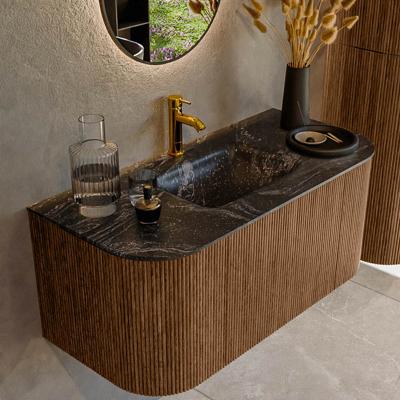 Mondiaz KURVE-DLUX 100 cm Onderkast Greeploos 1 Lade Met Deuren Walnut, Wastafel Solid Surface MIdden Lava 1 Kraangat Zonder Spiegel (KRVGRU100L+R1L2D1KM-Wal/Lav)