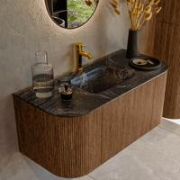 Mondiaz KURVE-DLUX 100 cm Onderkast Greeploos 1 Lade Met Deuren Walnut, Wastafel Solid Surface MIdden Lava 1 Kraangat Zonder Spiegel (KRVGRU100L+R1L2D1KM-Wal/Lav)