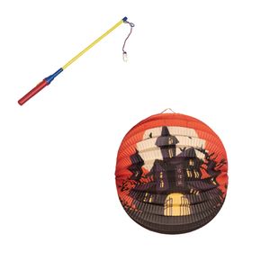 Ronde lampion 25 cm spookhuis inclusief lampionstokje