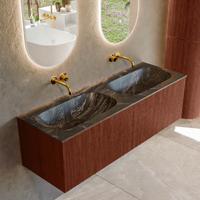Badmeubel Mondiaz Kurve-Dlux | 140 cm cm | Meubelkleur Ruby | Wastafelkleur Lava | Solid surface | Wasbak beiden zijden spoelbak | Zonder kraangat(en)