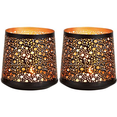 2x Theelichthouders/waxinelichthouders windlichten zwart/goud rondjes/druppels patroon 13 cm