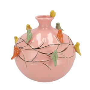 Vaas Spring birds - roze - keramiek - D18 x H18 cm - bloemenvaas