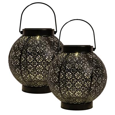 Solar lantaarn - 2x - voor buiten - D18 x H19 cm - zwart - metaal - tafellamp