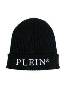 Philipp Plein Junior bonnet en maille nervurée à logo brodé - Noir