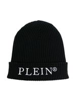 Philipp Plein Junior bonnet en maille nervurée à logo brodé - Noir - thumbnail