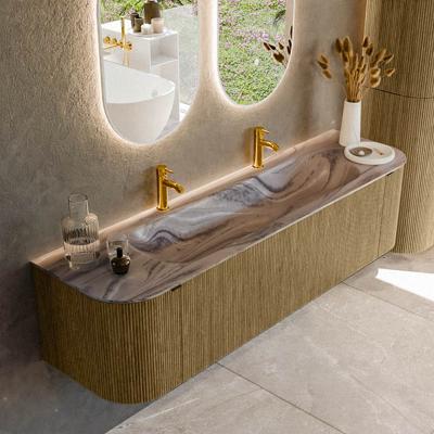 Badmeubel Mondiaz Kurve-Dlux | 170 cm | Meubelkleur Dusk | Wastafelkleur Sombra | Solid surface | Wasbak midden spoelbak | 2 kraangaten