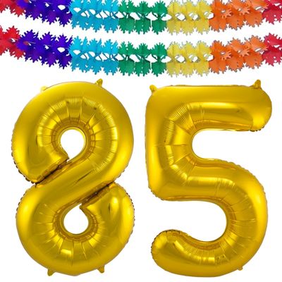 Grote folie ballonnen cijfer 85 in het goud 86 cm en 2x feestslingers Grote folie ballonnen cijfer 85 in het goud 86 cm en 2x feestslingers