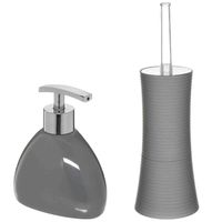 WC-/toiletborstel en houder - zandsteen grijs - met zeeppompje - Badkameraccessoireset - thumbnail