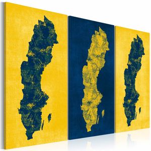 Schilderij - Geschilderd kaart van Zweden II, Blauw/Geel, 3luik , premium print op canvas