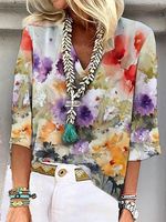 Casual Floral Loose V Neck Three Quarter Top - thumbnail