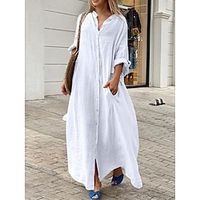 Dames Witte jurk Zwarte jurk Casual jurk Maxi-jurk nappi Zak Klassiek Casual Dagelijks Vakantie Opstaand Lange mouw Herfst Zwart Wit Effen Lightinthebox