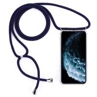 Vierhoek anti-val trasparent TPU mobiele telefoon geval met Lanyard voor iPhone 11 Pro Max (donkerblauw)