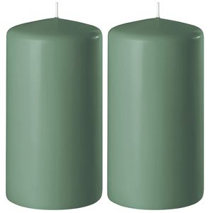 2x Groene cilinderkaarsen/stompkaarsen 6 x 15 cm 58 branduren