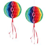 Folat Decoratie bol - 1x - regenboog kleuren - 30 cm - crepe papier - versiering - feestversiering