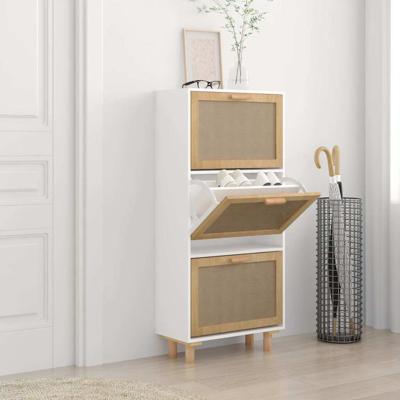 Schoenenkast 52x25x115 cm bewerkt hout en natuurlijk rattan wit