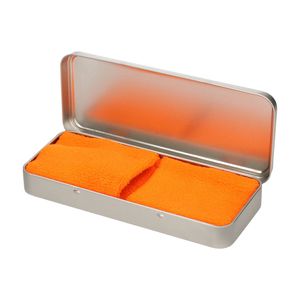 2x stuks oranje sport zweetbandjes in metalen opslag/bewaar doosje