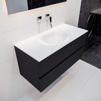 Mondiaz Vica Moon badmeubel zwart mat 100 cm 2 lades solid surface enkele spoelbak midden zonder kraangat
