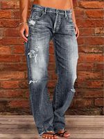 Loose Plain Casual Denim Jeans - thumbnail