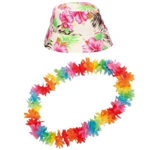 Tropische Hawaii party verkleedset - bucket hoedje - met bloemenslinger - volwassenen - summer