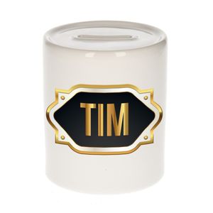 Naam cadeau spaarpot Tim met gouden embleem